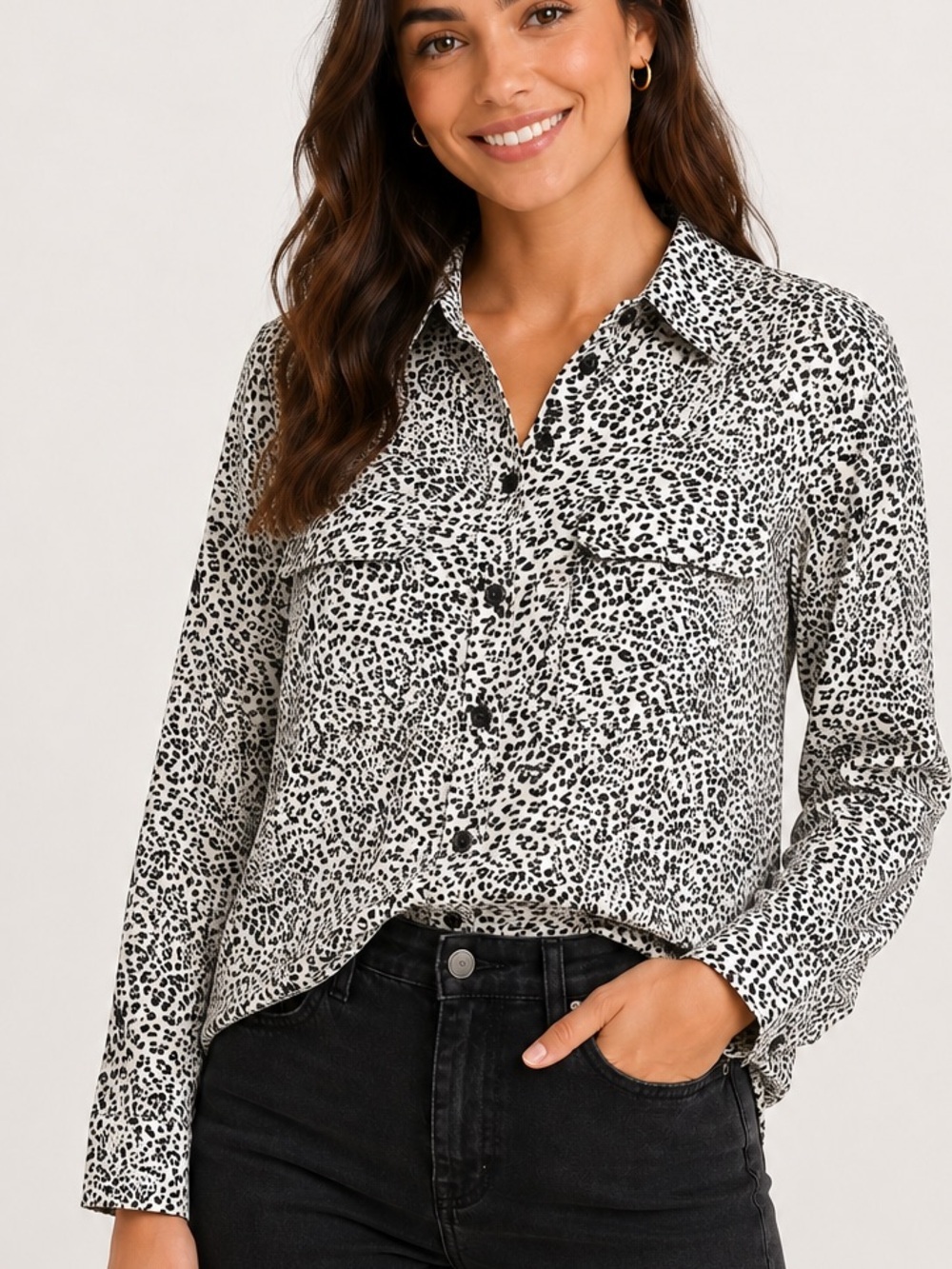 MELISSA NEPTON Leopard Print Button Front Blouse Size L 100% Viscose